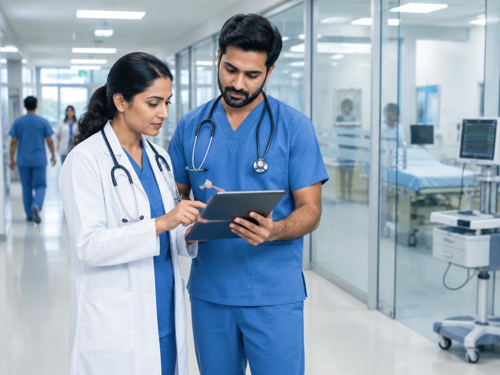 Healthcare professionals reviewing a digital tablet in a hospital