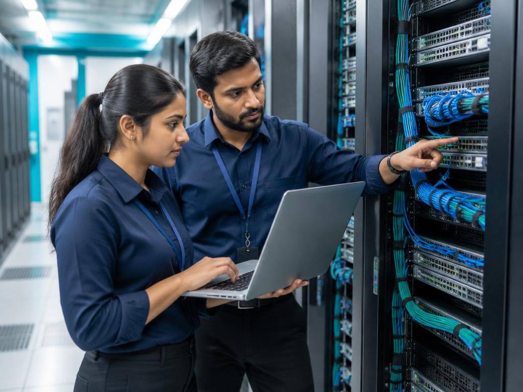 IT specialists maintaining network equipment and server infrastructure