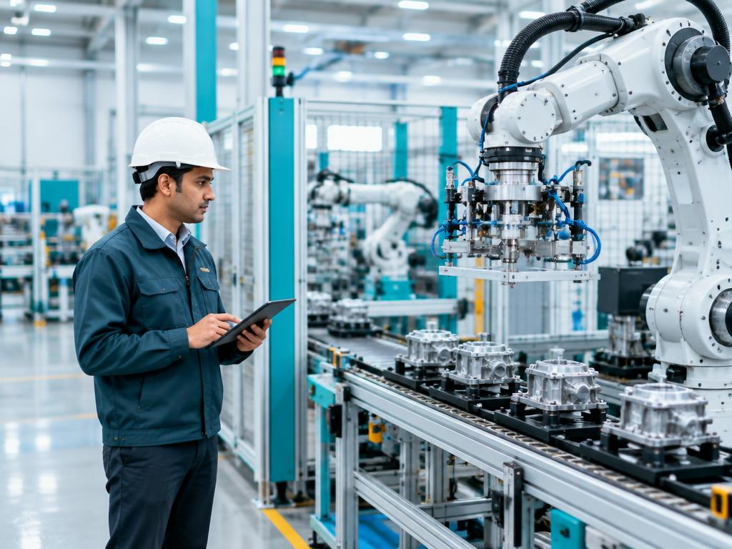 Engineer inspecting an automated manufacturing production line