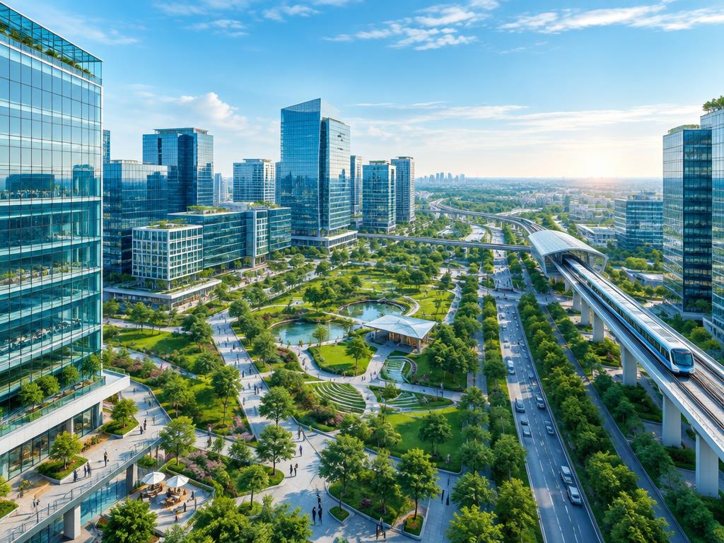 Modern innovation district with sustainable infrastructure reaching toward the horizon